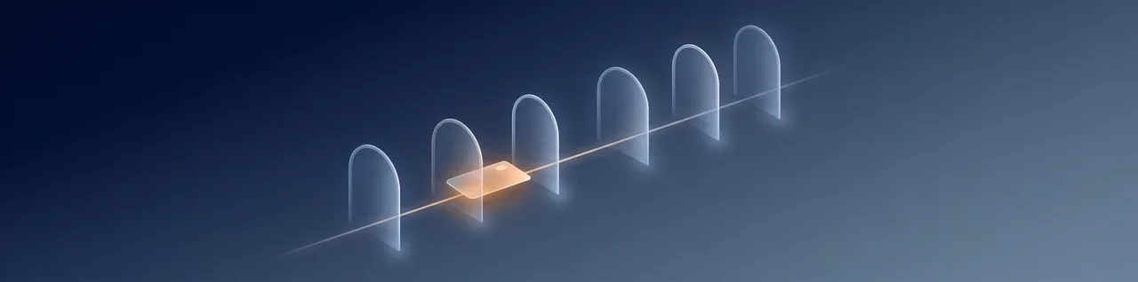 Abstract illustration of a slim card-shaped form passing through a series of softly glowing gates along a narrow path