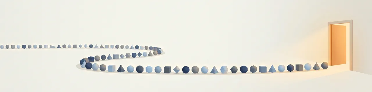Abstract illustration of many small glowing shapes lined up and waiting in front of a single open doorway