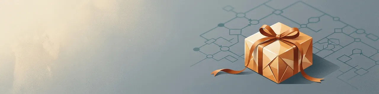 Flat illustration of a gift-wrapped amber box with a loose ribbon, sitting over a faint blueprint of decision-tree nodes and branches