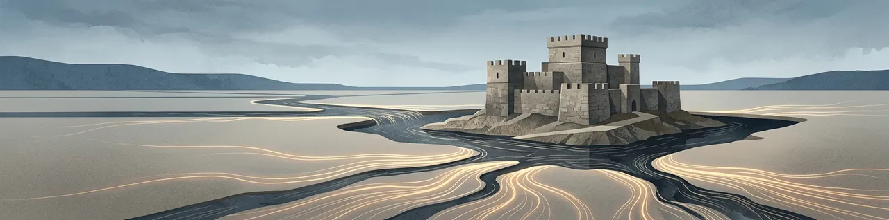Abstract illustration of a stone moat around a small fortress slowly filling with pale light, its water draining away