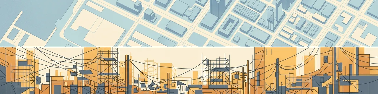 Flat illustration split by a horizon line: a tidy pale-blue aerial city grid above, and the same city at street level below in amber and slate, dense with scaffolding and tangled wires