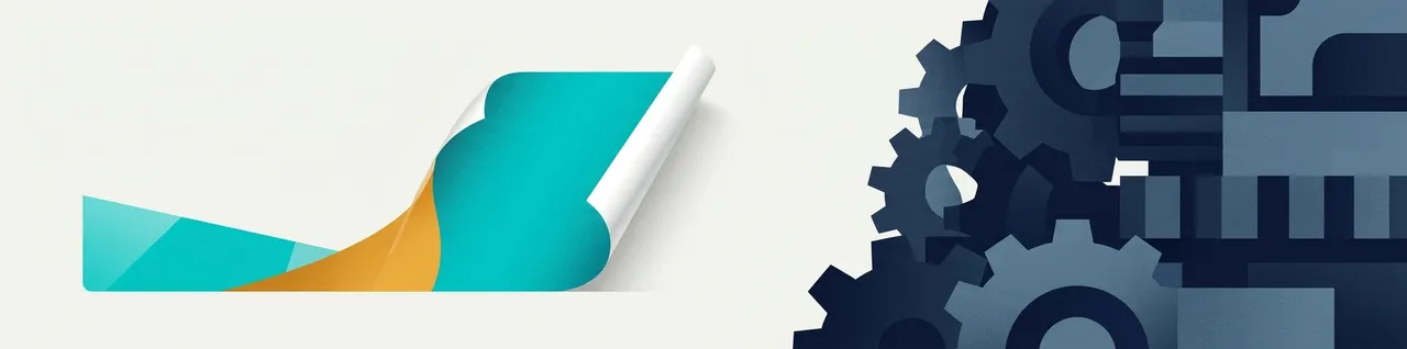 Abstract illustration of a glossy label peeling from a surface beside a solid structure of interlocking cogs and blocks