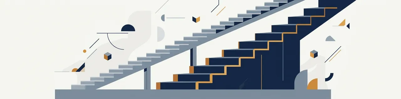 Flat editorial illustration of two staircases rising from the same base, a pale grey one with small even steps and a navy one with amber-edged steps that grow taller, the gap between them widening