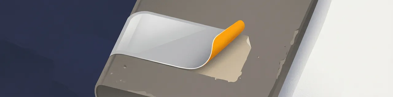 Abstract illustration of a glossy label with an amber edge peeling away from a plain, scuffed grey object
