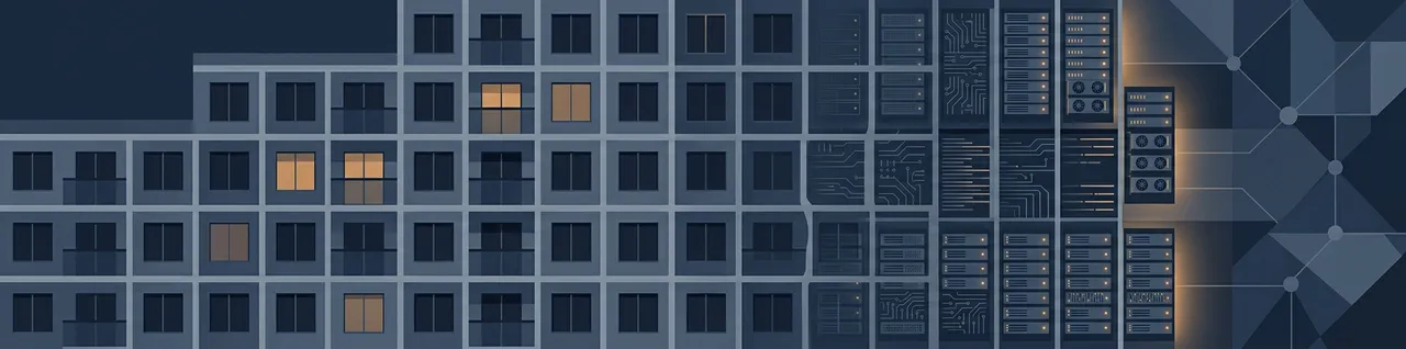 Abstract illustration of an apartment building facade whose windows gradually morph into glowing server racks and circuitry