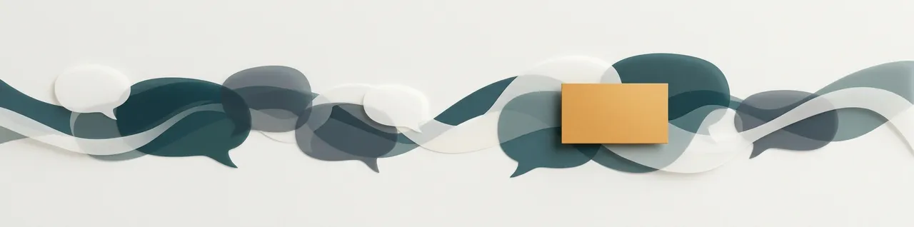 Abstract banner of a flowing teal conversation stream with a single amber sponsored card slotting in alongside it