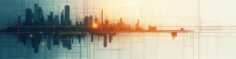 Abstract wide illustration of a blueprint-style city grid dissolving into glowing amber light, evoking a designed system coming alive