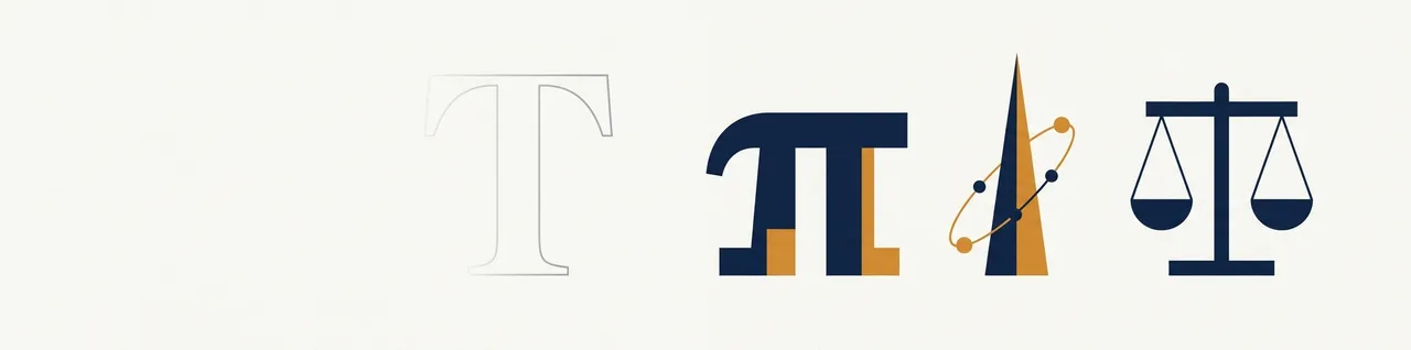 Flat illustration of a faded outline letter T beside three bold navy and amber shapes: a pi symbol, a tall spike with orbiting nodes, and a balanced scale