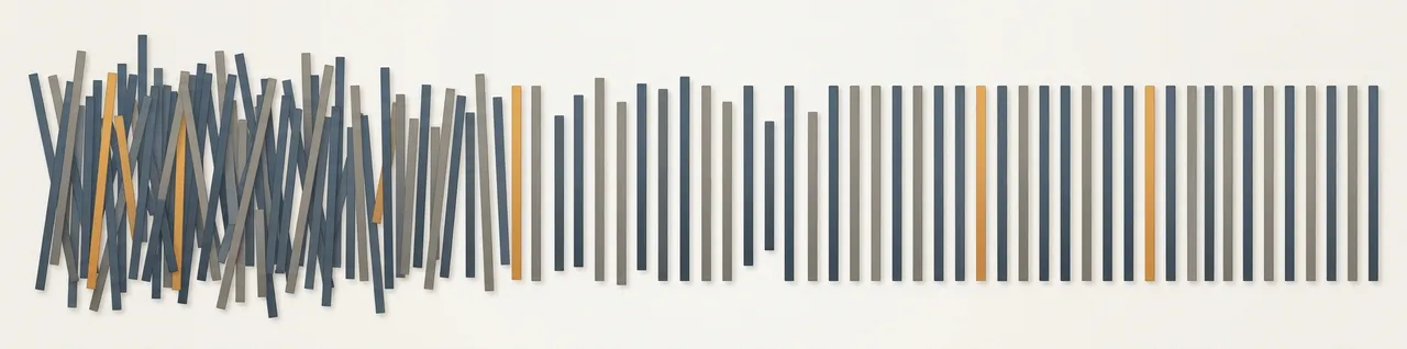 Abstract illustration of vertical bars resolving from crowded and uneven on the left into evenly spaced on the right