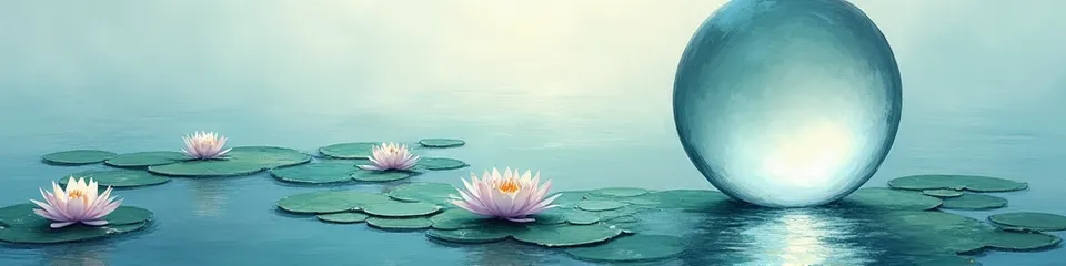 Impressionist water-lily pond in soft blues and greens with a large glass lens resting on the surface, representing scrutiny applied to a calm painting