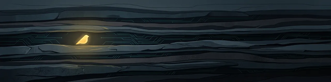 Abstract illustration of a glowing golden canary-like shape embedded in dark layered rock strata threaded with circuit lines