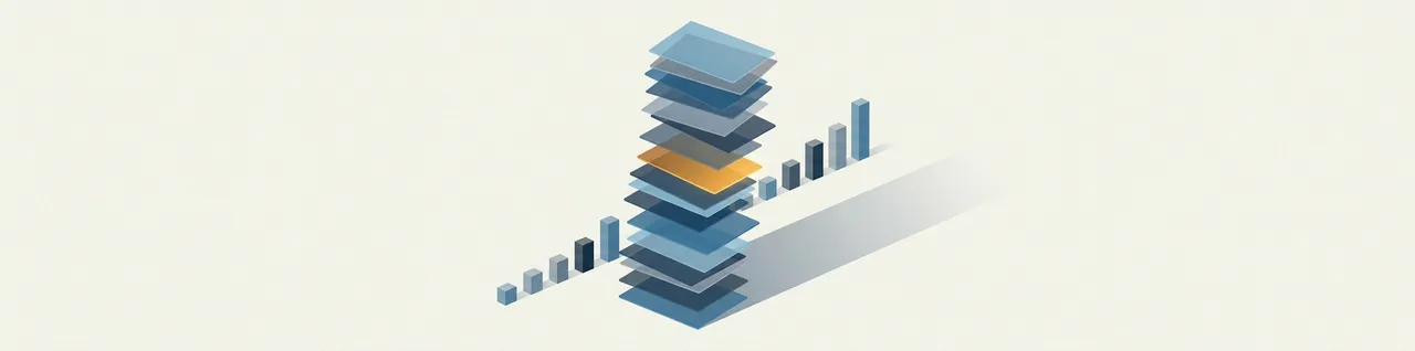 Abstract illustration of a precarious tower of playing cards casting a long shadow over a bar chart climbing steeply