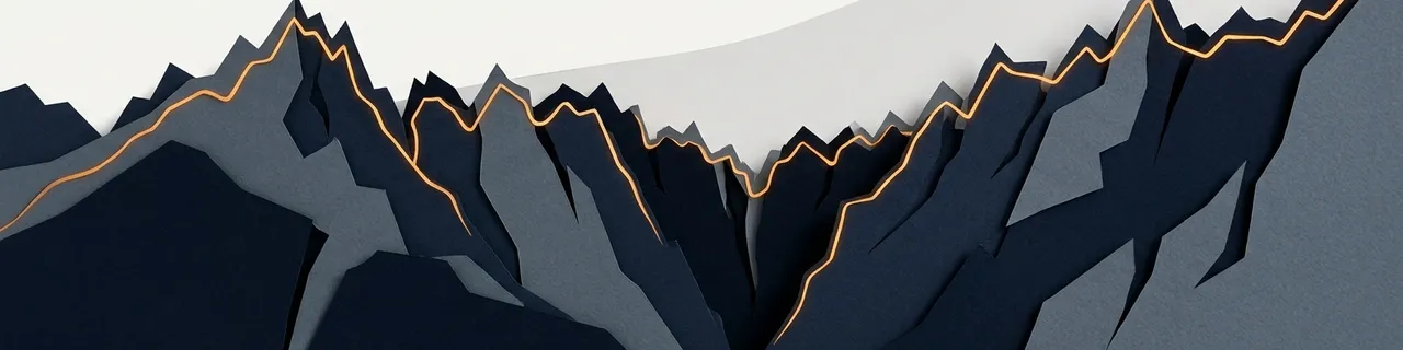 Paper-cut style illustration of a jagged navy mountain ridge traced by a thin amber line, with a smooth pale curve rising behind it