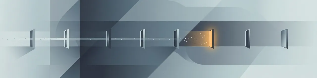 Abstract geometric illustration of narrow gates admitting thin controlled streams, one stream stopped at an amber gate