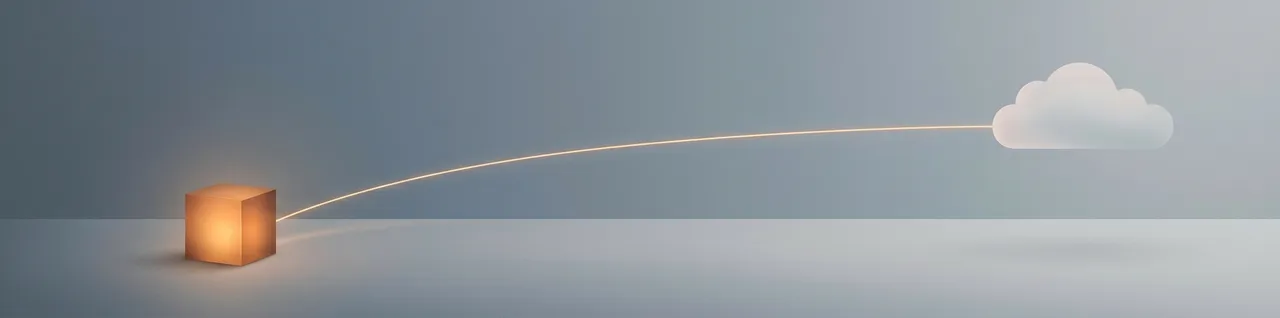 Abstract illustration of a small glowing server cube on a desk, connected by a thin line to a distant pale cloud