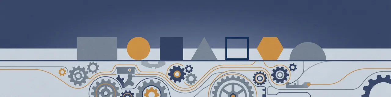 Abstract editorial banner of geometric shapes standing in a line on a navy horizon, one slot left as an empty outline, above interlocking grey and amber gears and flowing lines