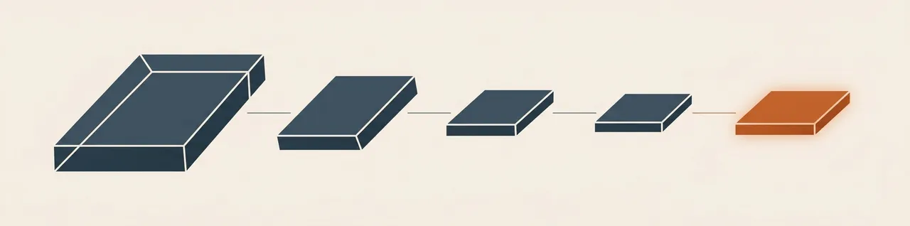 Abstract illustration of five slate-blue slabs shrinking in sequence from left to right, ending in a small glowing orange slab