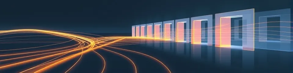 Abstract illustration of luminous paths flowing towards a row of translucent gates, some passing through and some deflected