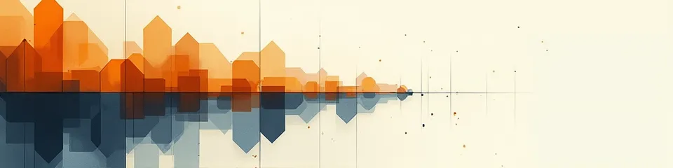Abstract illustration of warm interlocking geometric shapes on the left dispersing into faded isolated fragments across an open field to the right