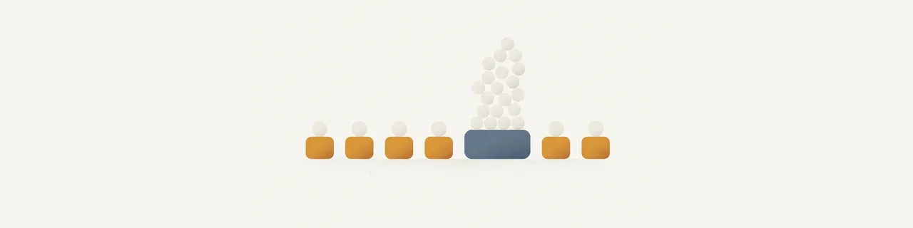 Abstract illustration of a row of small amber figures each balancing a single ball, while one blue figure in the centre is buried under a tall pile of balls