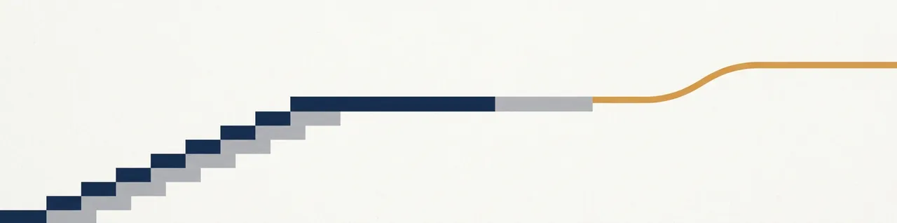 Abstract editorial banner of a row of rising steps in navy and grey that levels into a flat plateau, with a single amber path continuing forward