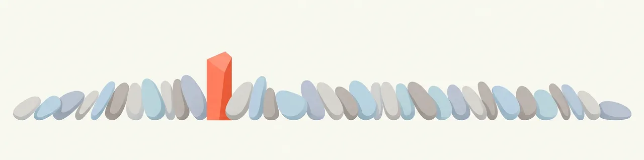 Abstract illustration of a row of identical soft shapes all leaning the same way, with one angular shape standing upright against them