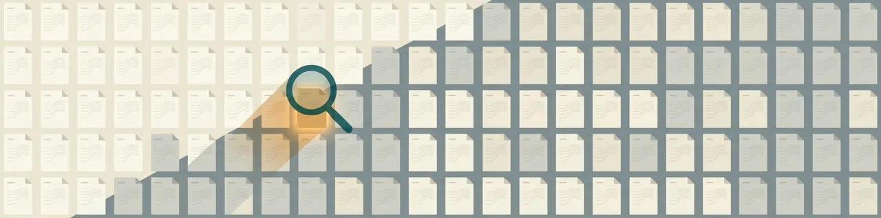 Abstract banner of a calm grid of pale documents threaded with faint watermark lines, one glowing amber beneath a translucent teal magnifying glass