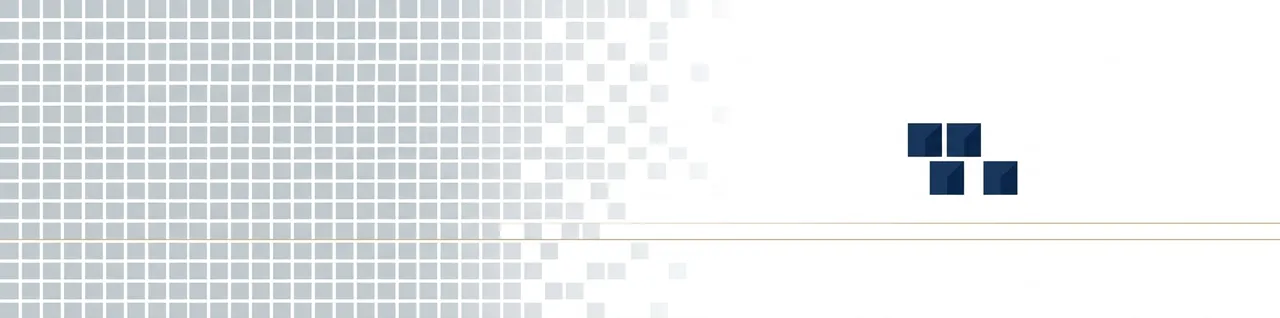 Abstract illustration of dense uniform grey tiles dissolving into white space while a few consolidate into solid navy shapes