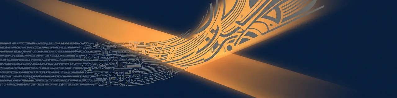 Abstract editorial illustration of a dense block of tiny grey text being lifted and enlarged by a wide beam of amber light, clean navy background