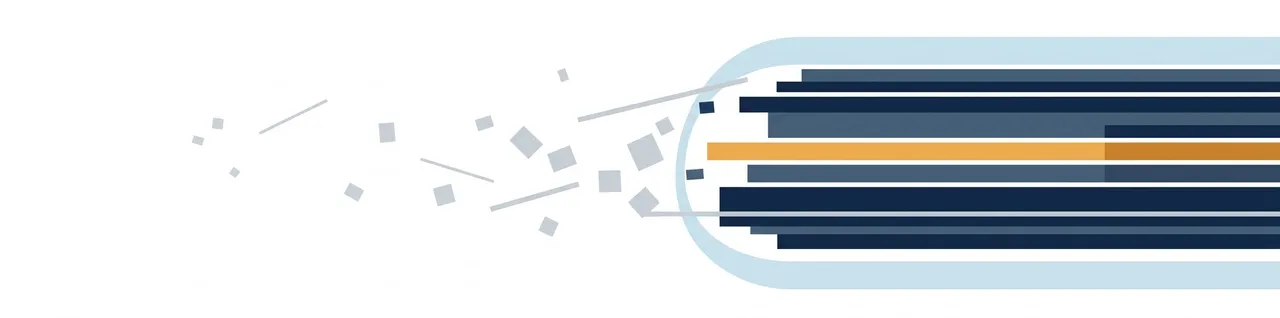 Abstract illustration of scattered grey fragments organising into layered navy bands with an amber accent, encircled by a pale moat-like curve