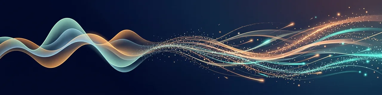 Abstract sound waves dissolving into streams of light, suggesting speech turning into ideas