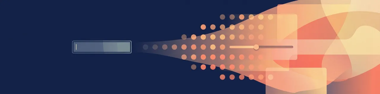 Abstract editorial banner: a small slate-blue text box with a blinking cursor on the left dissolves rightward into a spreading field of apricot and coral dots, a slider and overlapping translucent panes on deep navy