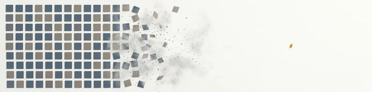Abstract illustration of an ordered grid of tiles dissolving from left to right into empty pale space, with a single small amber mark left floating in it