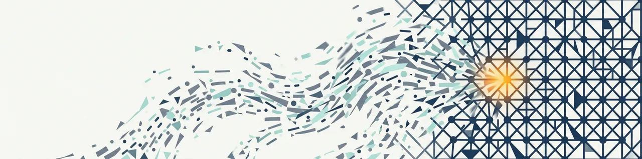 Abstract banner of scattered grey and teal fragments streaming from the left into a dense navy lattice, with one amber node glowing where they are absorbed