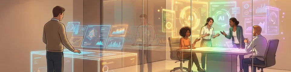 One person working with AI on the left, a diverse team collaborating with the same AI tools on the right — both productive, but the team side radiates more energy