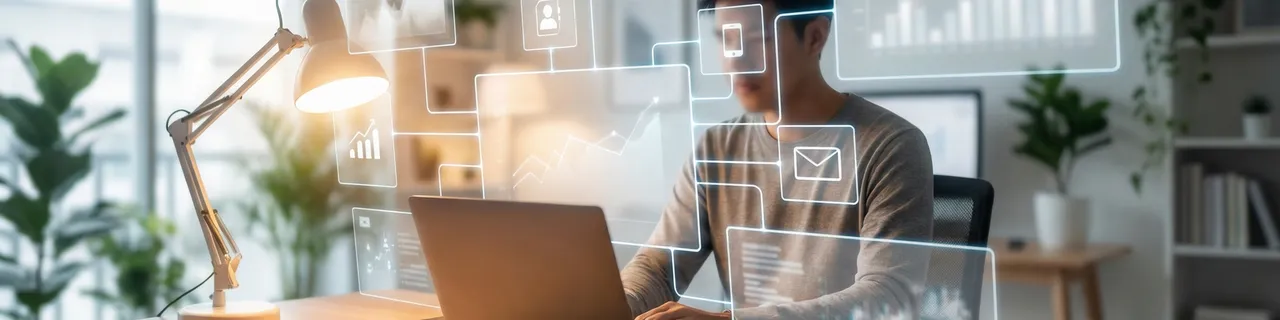 Person at desk surrounded by floating document panels connected by luminous threads, representing context engineering and AI information architecture