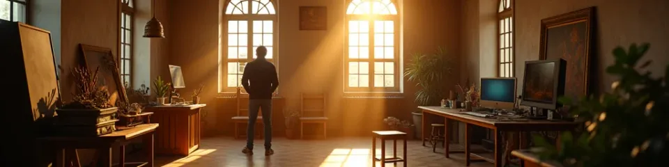 Renaissance art studio merging with modern technology, golden light streaming through windows — representing the creative dividend of AI