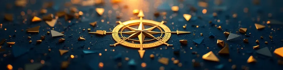 Golden compass rose surrounded by drifting geometric fragments on deep navy background, representing governance drift in AI-first businesses