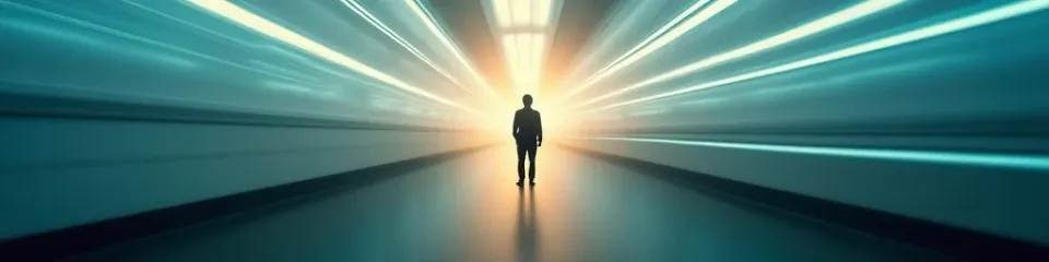 Silhouette of a person standing calm and still amid rushing streaks of light and motion blur, representing the pause between stimulus and response