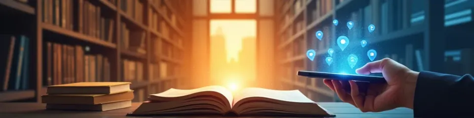 Digital art illustration showing the evolution from library bookshelves and open books to a smartphone with floating location pins and app icons