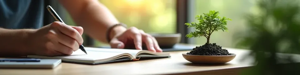 Hand writing productivity rules in a notebook with a calm natural setting