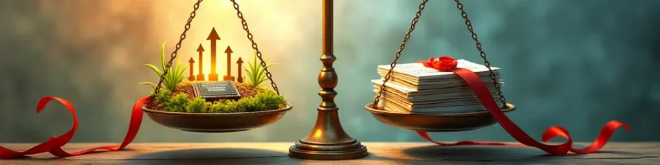 Balance scale weighing growth and innovation against regulatory red tape — digital art illustration