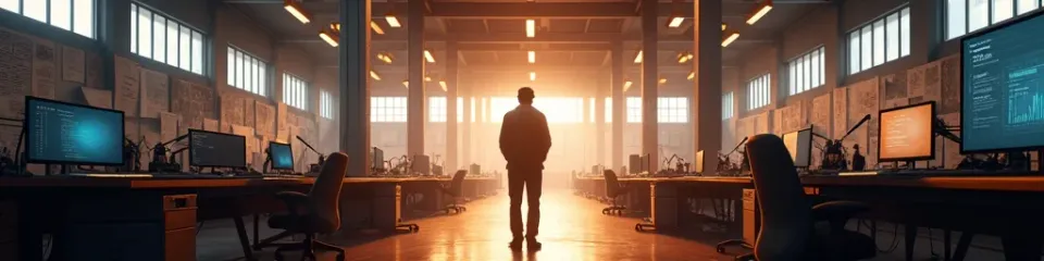 A person standing in a vast workshop surrounded by multiple craft stations representing different disciplines — code, design, engineering, marketing
