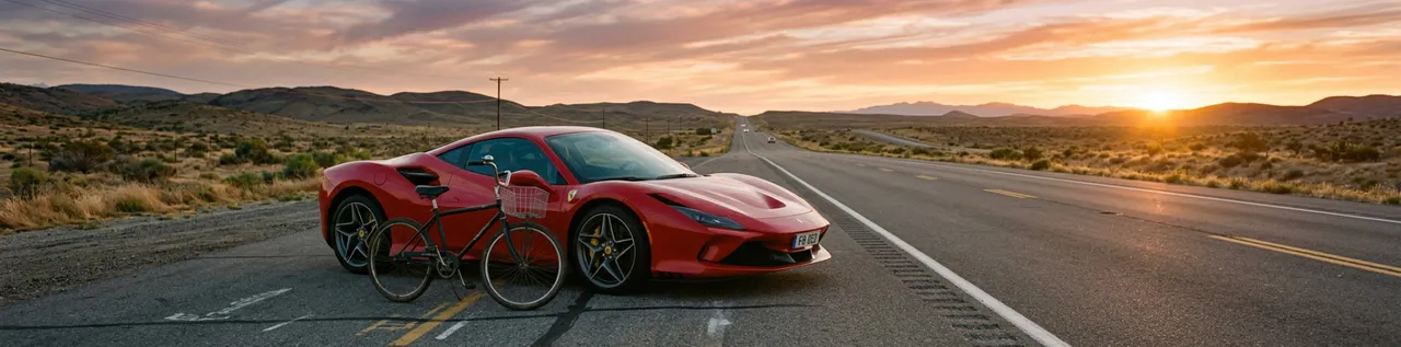 Red Ferrari supercar parked next to a bicycle on a desert highway at golden hour