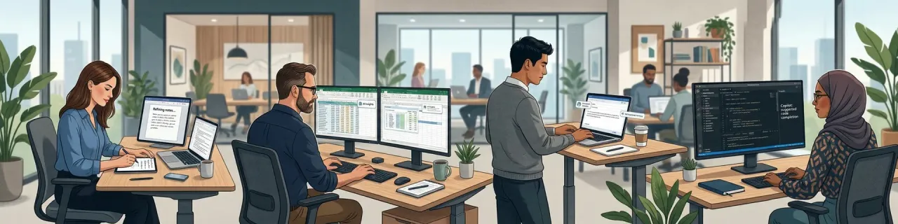 Office workers using AI as part of normal daily work, illustrating rising habitual workplace AI use in Q4