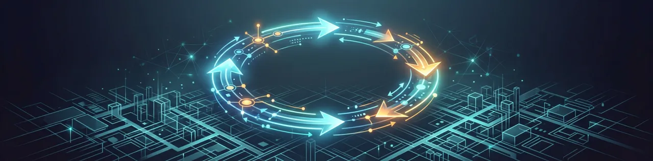 Abstract illustration of a glowing decision loop hovering above an organisational grid