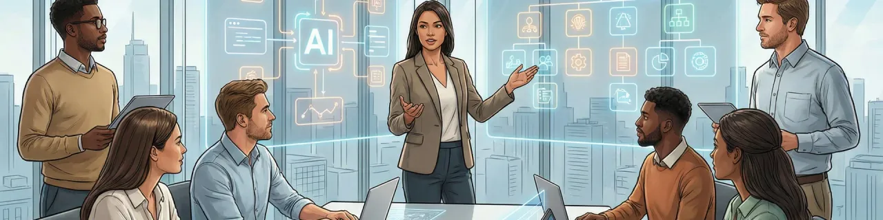 Manager orchestrating human and AI workflows in a modern office