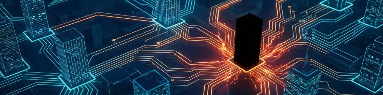 Network of connected office buildings with one node disconnected, illustrating AI vendor lock-in risk