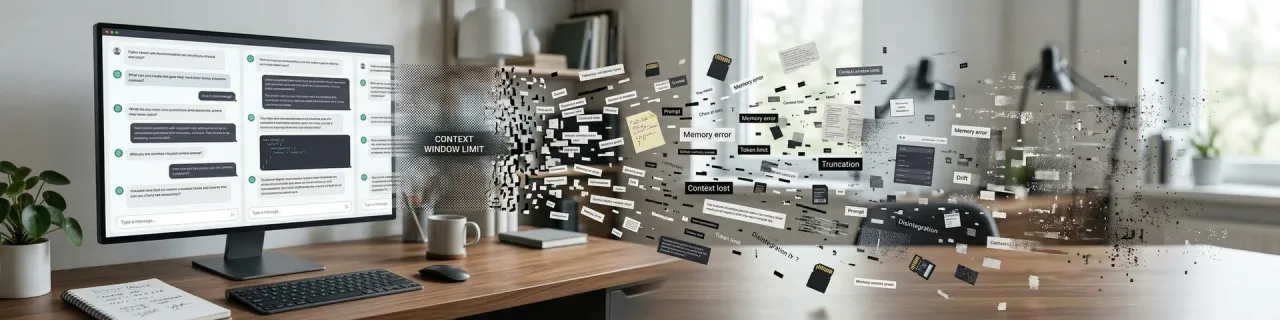 Editorial banner showing an AI conversation thread fragmenting under context pressure.