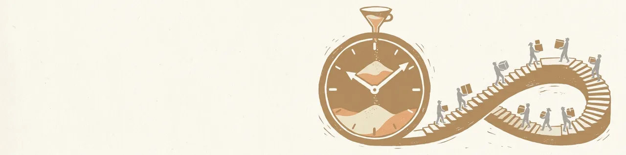 Editorial illustration of a clock being refilled with sand through a funnel while worker silhouettes carry boxes up a looping staircase, evoking the Jevons paradox applied to AI productivity.